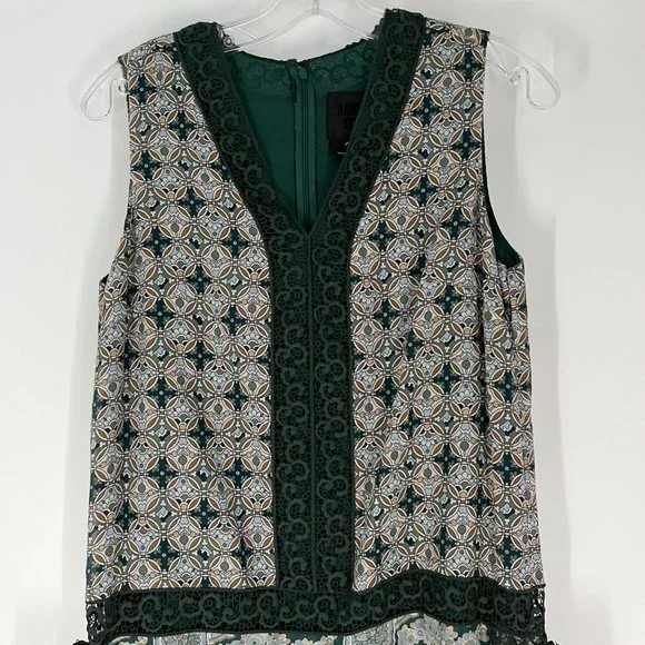 Anna Sui Green White Printed Lace Detail V-Neck Sleeveless Mini Dress 4 Silk - Picture 3 of 10